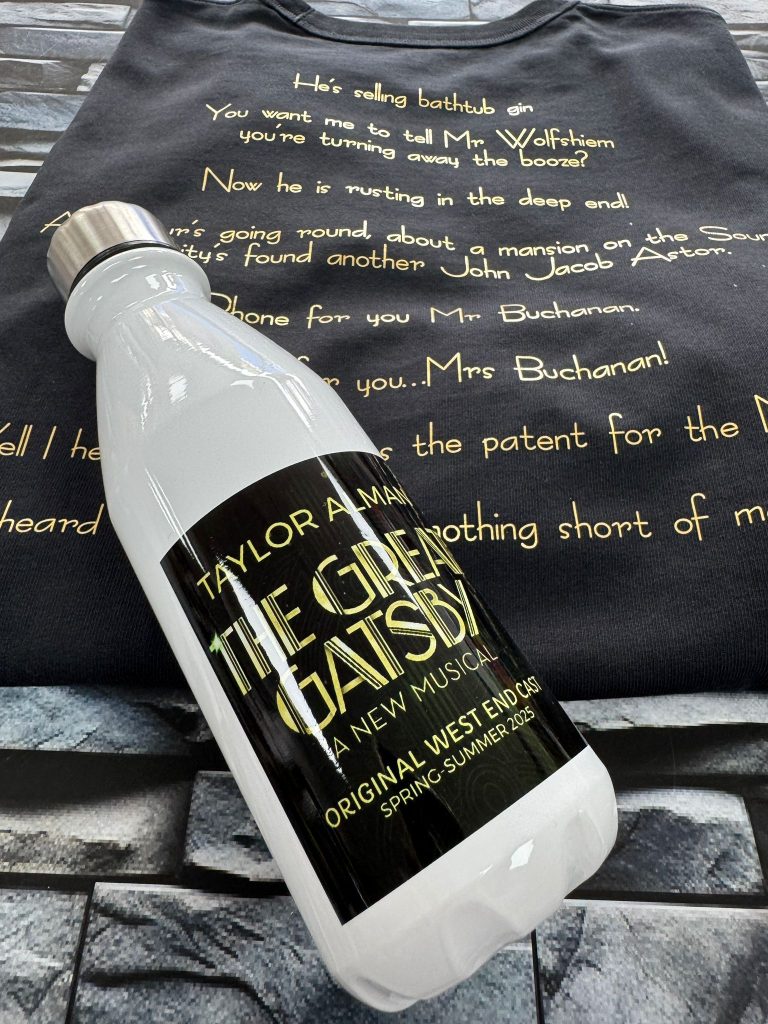 Personalised printed water bottle and custom T-shirt design, highlighting unique gift printing services available in Croydon.