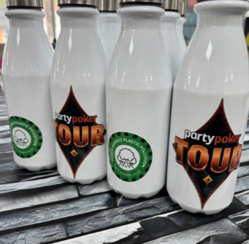 Custom branded water bottles printed with PartyPoker Tour logo by Expresscopy